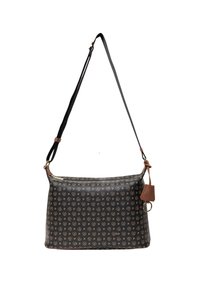 Borsa a tracolla nera con motivo, realizzata in materiale sintetico, dotata di tracolla regolabile, chiusura con zip e un piccolo cartellino marrone.