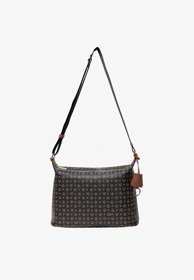 Borsa a tracolla nera con motivo, realizzata in materiale sintetico, dotata di tracolla regolabile, chiusura con zip e un piccolo cartellino marrone.
