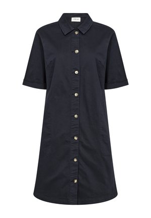 Mörkblå bomullsklänning med knapplist framtill, korta ärmar, krage och två sidfickor. Matt knappar kontrasterar med tygtexturen.
