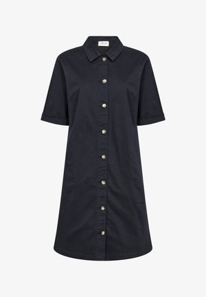Navy blue cotton dress with a button-down front, short sleeves, collar, and two side pockets. Matte buttons contrast the fabric texture.
