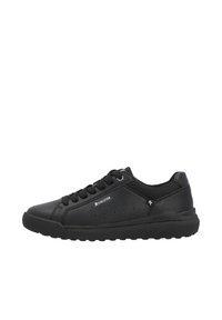 Baskets noires avec une tige en cuir lisse, des accents en maille, un bout rond, un système de laçage à six œillets, un col rembourré et une semelle en caoutchouc texturée.