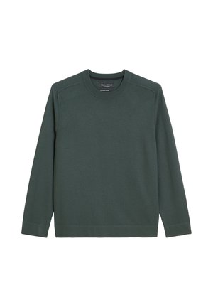 Langärmeliger grüner Pullover aus weichem Stoff, mit Rundhalsausschnitt und geradem Schnitt sowie Rippdetails an den Ärmelbündchen und am Saum.