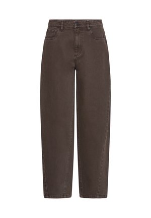 Jeans marroni a gamba dritta con vita alta, chiusura frontale con bottone e zip, passanti per cintura, e tasche anteriori e posteriori.