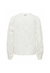 Blouse blanche avec des motifs floraux brodés et des détails découpés, dotée de manches longues bouffantes et d'un col rond. Fermeture par boutons au dos.