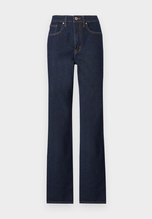 Jean en denim bleu marine avec une coupe droite, doté d'une fermeture à bouton à l'avant, de cinq poches et de détails de couture contrastés.
