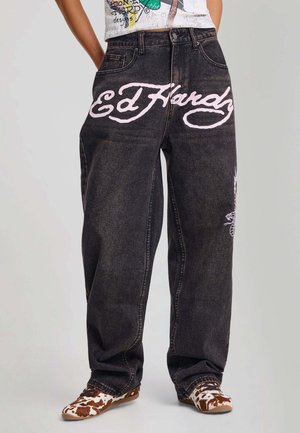 Ed Hardy, WOMENS SKULL AND ROSE VINTAGE WASHED RELAXED JEANS - Relaxed fit jeans - black