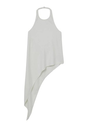 Sleeveless light gray asymmetrical top with halter neck and a draped, angled hem falling longer on one side.