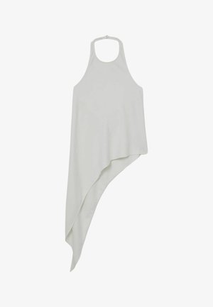 Top asimetric fără mâneci, gri deschis, cu guler halter și tiv drapat, tăiat în unghi și mai lung pe o parte.