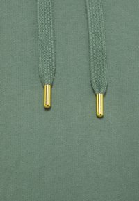 Sudadera con capucha verde con textura de tela suave, cordones ajustables con terminales metálicos dorados y un diseño simple y limpio.