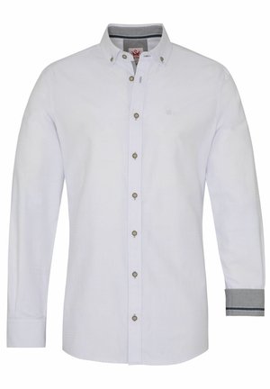 Weißes Langarmhemd mit Button-Down-Kragen, das mit grau gestreiften Details an den Manschetten und fünf dekorativen Knöpfen auf der Vorderseite versehen ist.