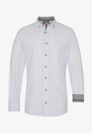 Weißes Langarmhemd mit Button-Down-Kragen, das mit grau gestreiften Details an den Manschetten und fünf dekorativen Knöpfen auf der Vorderseite versehen ist.