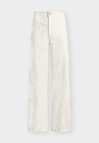 Λευκά τζιν παντελόνια με φαρδιά μπατζάκια και ψηλή μέση, με ορατές ραφές, εμπρόσθιο κουμπί, θηλιές για ζώνη και χωρίς ορατές τσέπες.