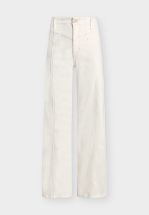 High-waisted white wide-leg jeans with visible stitching, front button, belt loops, and no visible pockets.