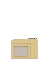 Petit porte-cartes en cuir beige avec fenêtre d'identification transparente, trois emplacements pour cartes et une poche à monnaie zippée sur le dessus.