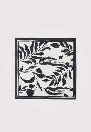 Eșarfă alb-negru cu un model abstract de frunze și ramuri, încadrată de o dublă margine neagră.