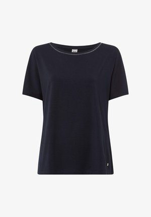 Mørkeblå kortærmet t-shirt lavet af blødt bomuldsstof. Har en bred halsudskæring med en kontraststikning og et lille logo-accent.