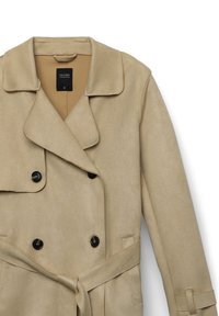 Trench coat beige doppiopetto con bottoni neri, ampie colletto, cintura in vita e maniche lunghe, etichettato taglia S della Calliope Collection.