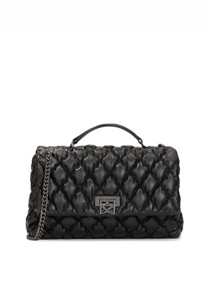 Black quilted leather handbag with a chain strap, flat top handle, and a metallic logo clasp. Features a textured surface and horizontal design.
