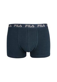 Boxer shorts blu scuro realizzati in tessuto morbido con un design aderente, dotati di un elastico in vita grigio con la scritta "FILA" in caratteri piccoli.