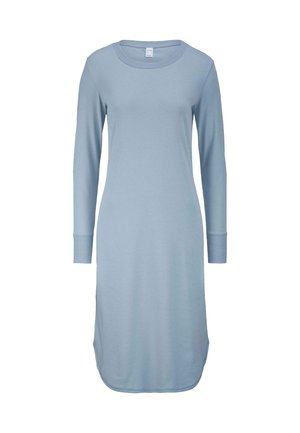 Abito a maniche lunghe in cotone blu chiaro, con scollatura rotonda, fessure laterali e polsini a coste. Tessuto morbido, design lungo fino al ginocchio.