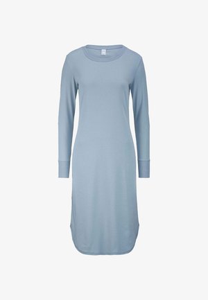 Langärmliges Kleid aus leichtem Baumwollgemisch in Hellblau, mit Rundhalsausschnitt, seitlichen Schlitzen und gerippten Bündchen. Glatte Textur, knielanger Schnitt.