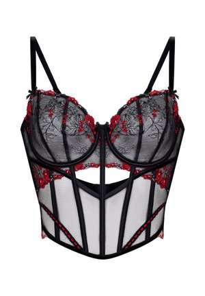 Zwarte kanten korset met rode bloemrijke borduurwerk, beugels in de cups, doorschijnende meshpanelen en zwarte accenten; voorzien van verstelbare bandjes en haaksluiting.