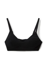 Zwarte katoenen bralette met een V-hals ontwerp, verstelbare bandjes en een elastische band. Heeft subtiele branding langs de bandjes.