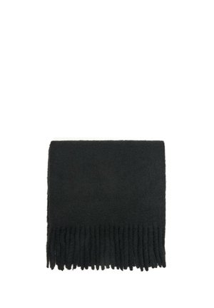 Black wool scarf folded with tassels along one edge on a white background.