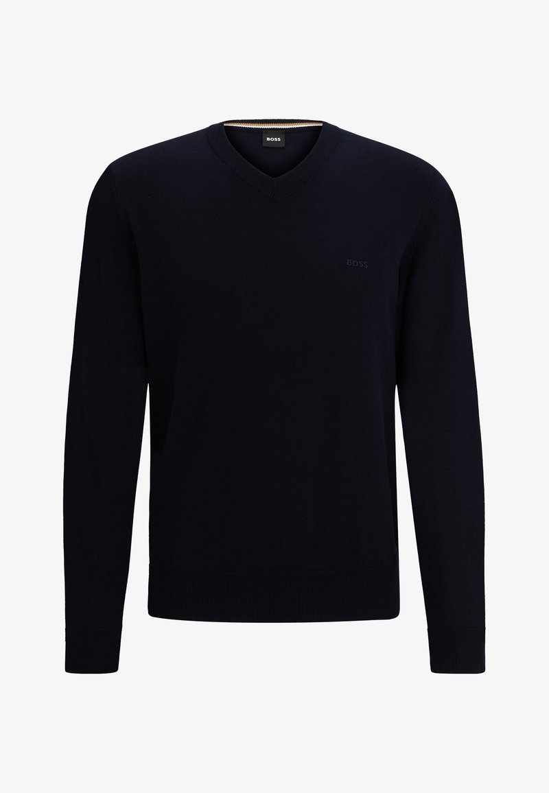 Pull noir à manches longues col V avec logo "BOSS" discret sur la poitrine, poignets et bas côtelés.