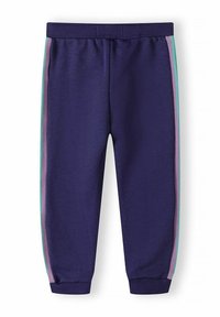 Tummansininen jogger-housut, joissa on joustava vyötärö, ja kummallakin sivulla on pystysuorat raidat vaaleanvioletilla ja mintunvihreällä. Luja pinta.