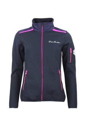 Chaqueta de mujer azul marino oscuro con cremallera y detalles en rosa, cuello alto y logo "Peak Mountain" en el pecho.