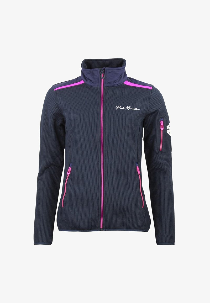 Damen dunkelblaue Reißverschluss-Jacke mit pinkfarbenen Reißverschluss-Akzenten, hohem Kragen und "Peak Mountain"-Logo auf der Brust.