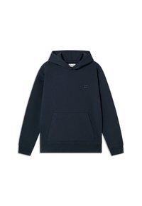 Marineblauwe hoodiesweater van zacht materiaal, met een kangoeroe-pocket en een klein vierkant logo op de borst.