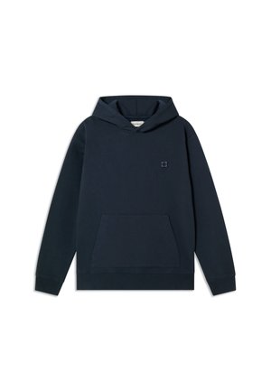 Felpa con cappuccio di colore blu navy realizzata in tessuto morbido, dotata di tasca a marsupio e di un piccolo logo quadrato sul petto.