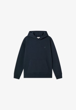 Navy blue hooded sweatshirt made of soft fabric, featuring a kangaroo pocket and a small square logo on the chest.