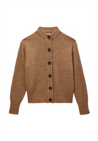 Cardigan en maille marron avec texture côtelée, col montant et six boutons noirs sur le devant. Comprend des manches longues et une coupe courte.