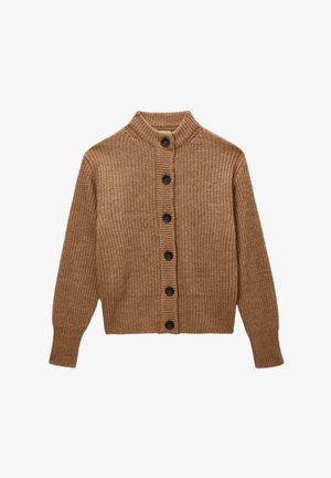 Cardigan en maille marron avec texture côtelée, col montant et six boutons noirs sur le devant. Comprend des manches longues et une coupe courte.