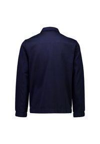 Granatowa kurtka z kołnierzem, długimi rękawami i prostym krojem. Gładka tkanina z podwiniętymi mankietami i minimalistycznymi przeszyciami.