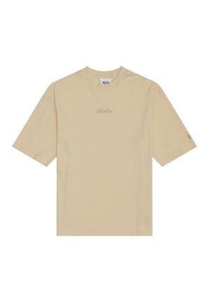 T-shirt beige à manches courtes en tissu côtelé, avec col rond et petit logo en script brodé centré sur la poitrine.