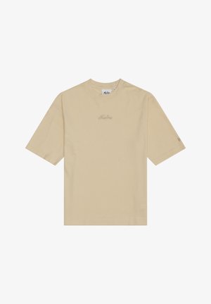 T-shirt beige à manches courtes en tissu côtelé, avec col rond et petit logo en script brodé centré sur la poitrine.