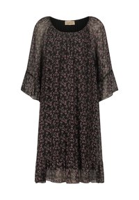 Mustakukkaista mekkoa, joka on valmistettu kevyestä, läpikuultavasta kankaasta. Mekossa on lyhyet röyhelöpuvut ja löysä leikkaus, jossa on pehmeitä vaaleanpunaisia ja valkoisia kukkakuvioita.