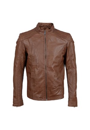 Braune Lederjacke mit hohem Kragen, Vorderreißverschluss und dezenten Stickdetails an den Schultern und Ärmeln.