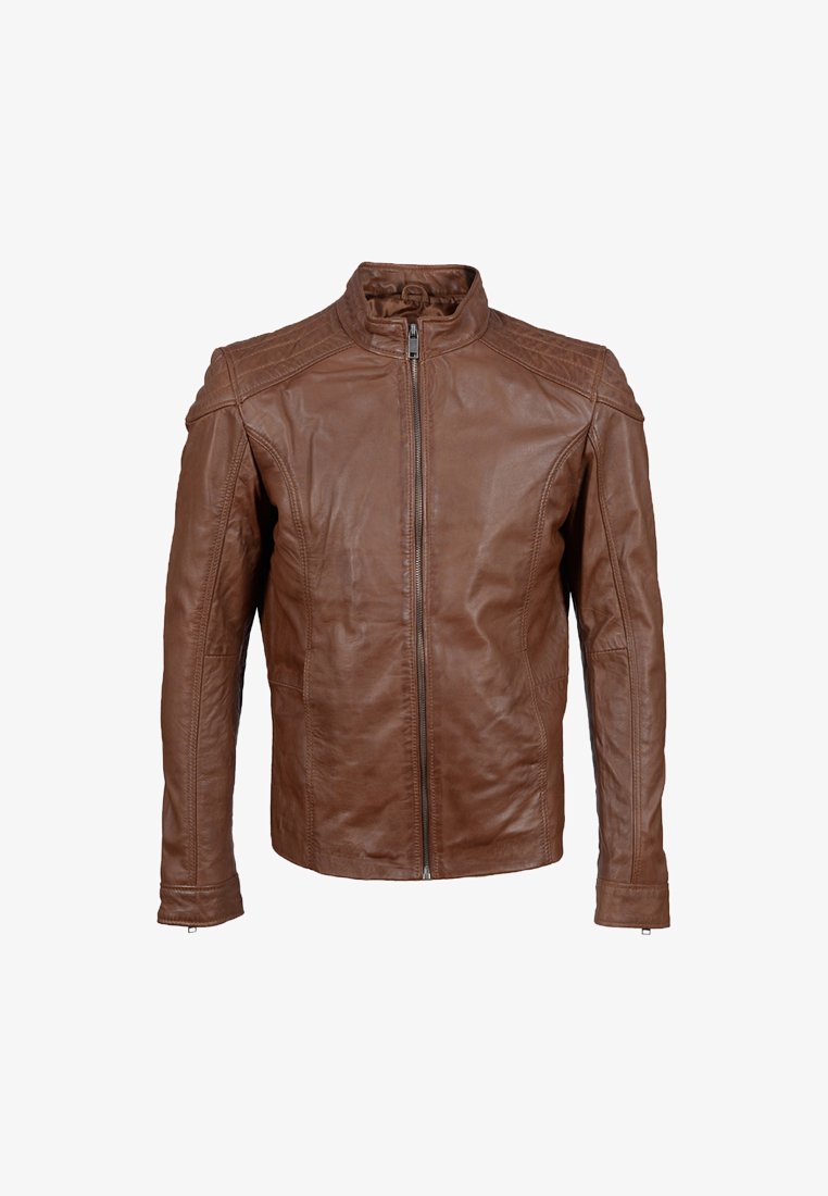 Braune Lederjacke mit hohem Kragen, Vorderreißverschluss und dezenten Stickdetails an den Schultern und Ärmeln.