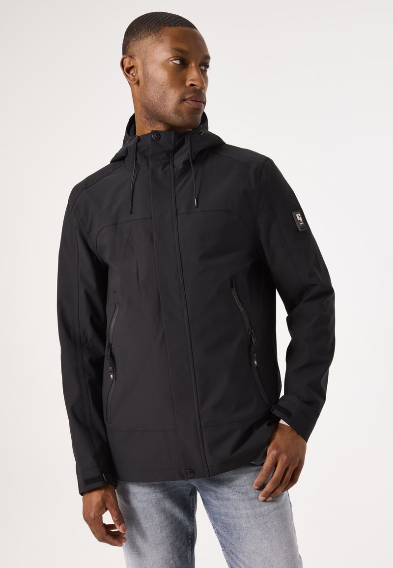 Black waterproof jacket featuring a hood, zippered pockets, and adjustable cuffs. Made of smooth, lightweight fabric with a tailored fit.