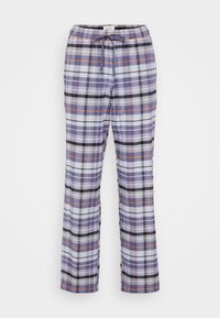 Pantalons de pyjama à carreaux dans des teintes de violet, bleu et noir, fabriqués en tissu doux. Taille élastique avec cordon de serrage pour un ajustement réglable.