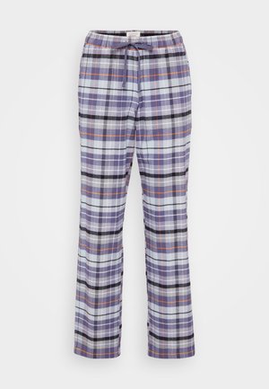 Plaid pajama pants in shades of purple, blue, and black, made from soft fabric. Elastic waistband with drawstring for adjustable fit.