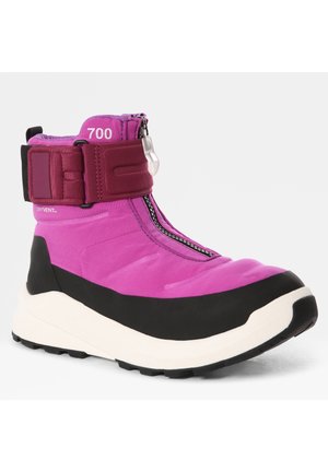 Lilla og sort høj sneaker med tyk hvid sål, frontlynlås og bred bordeaux ankelsnor med velcrolukning.