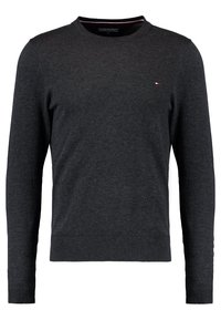 Dark gray crew-neck sweater made of soft fabric. Features ribbed cuffs and hem, with a small logo accent on the chest.