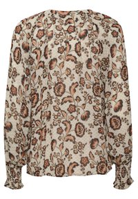 Blomstret bluse med en cremefarvet baggrund og mørkerøde samt brune blomster, lange pufærmer, plisseret ryg og smockede manchetter.