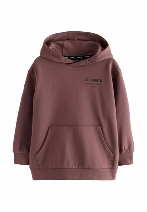 Huvtröja i mauve, tillverkad av mjuk bomullsblandning. Har en stor framficka och "ALLSAINTS"-logotyp i svart över bröstet.